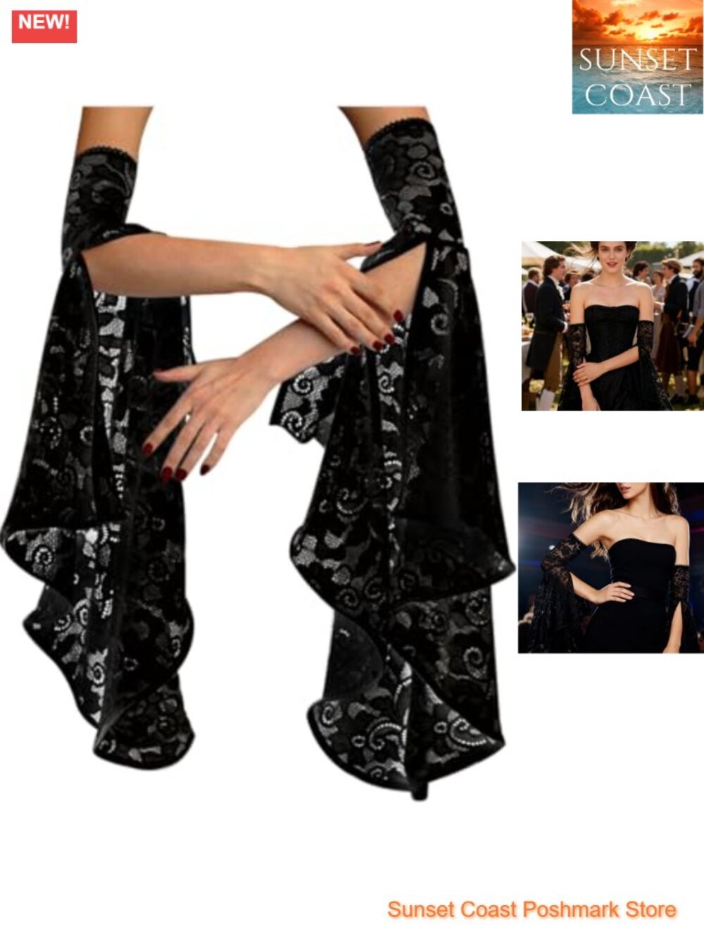 Gothic Black Lace Detachable Witch Gloves Victorian Arm Sleeves Halloween